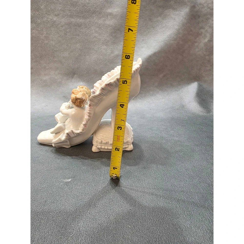 Vintage Porcelain Cherub Figurine High Heel Shoe Planter Japan White Pink